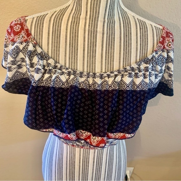 Topia Crop Top Med Ruffled Flutter Sleeves Red White Navy Blue Boho Off Shoulder - Picture 2 of 13